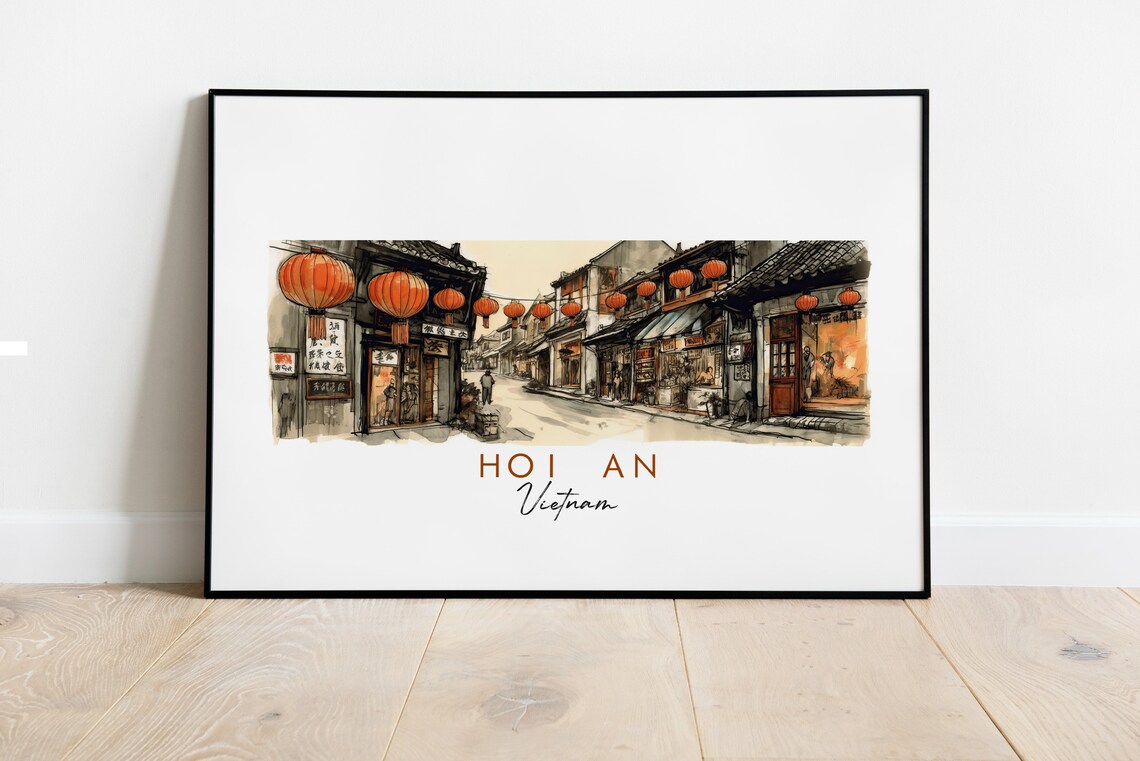 Hoi An Vietnam Lantern Street Old Town Ink Sketch Art Poster