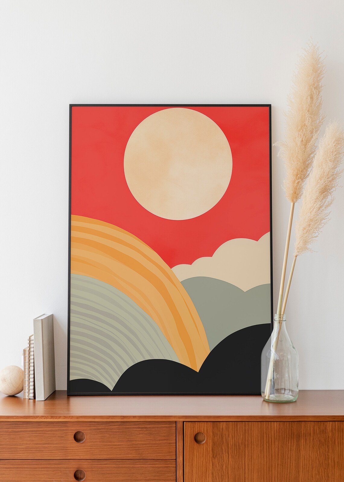 Retro Landscape Abstract Cream Sun Red Sky Striped Hills Art Poster