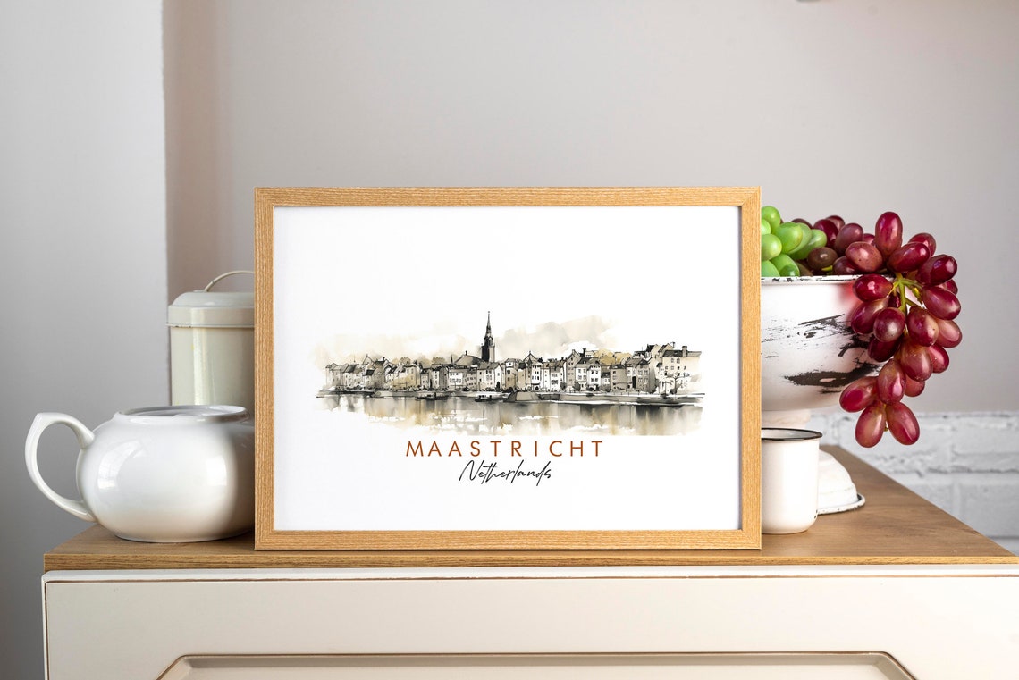 Maastricht Netherlands Riverside Town Skyline Ink Art Poster - Image 3
