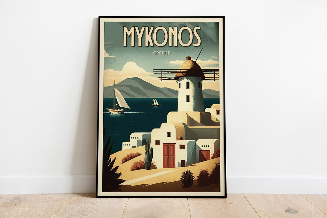 Mykonos Greece Windmill Whitewashed Village Vintage Travel Poster