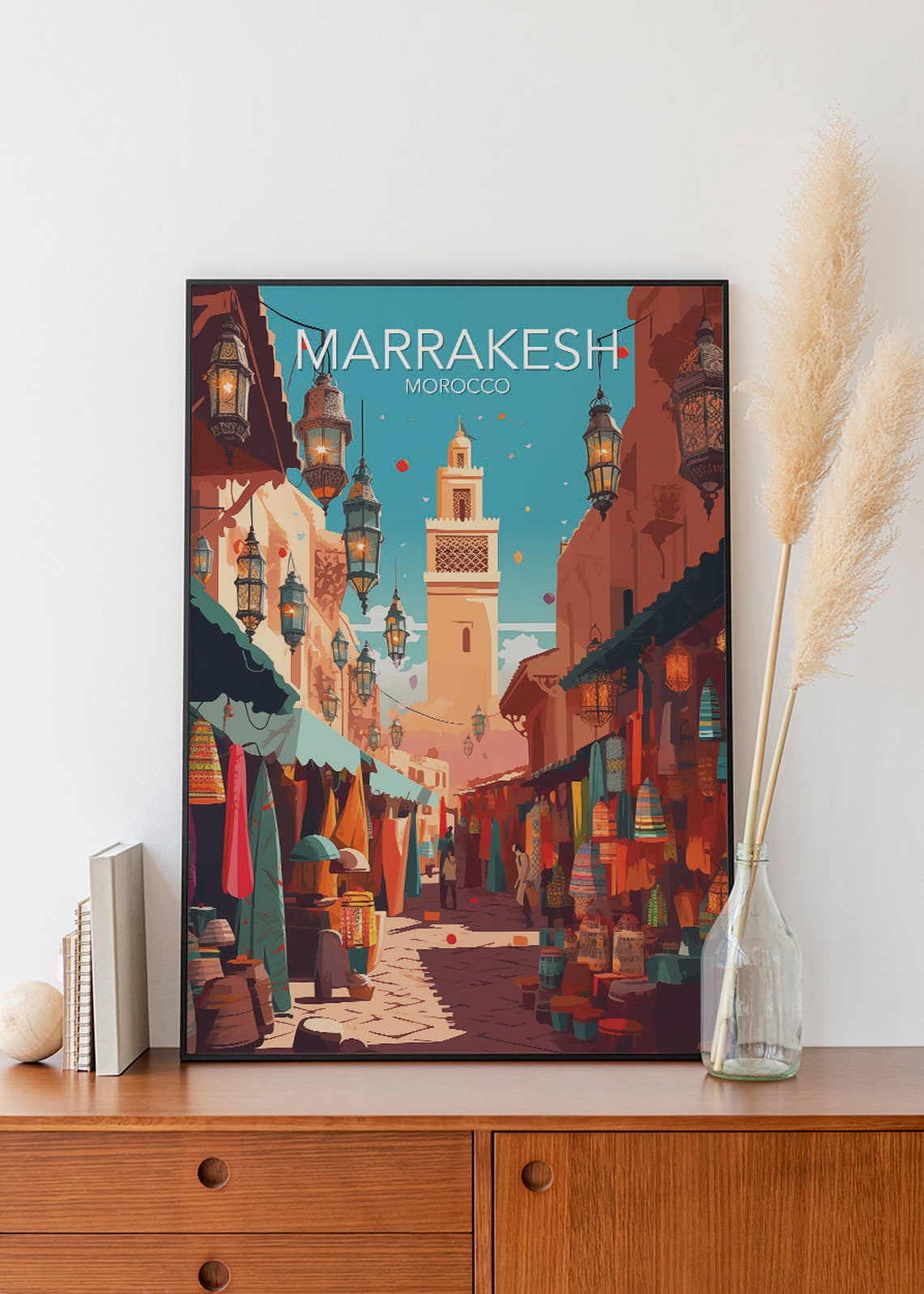 Marrakesh Morocco Lantern Market Street Souk Scene Art Poster - Image 2