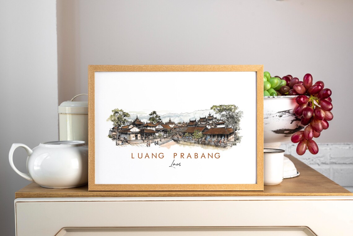 Luang Prabang Laos Temple Town Watercolor Ink Sketch Art Poster - Image 3