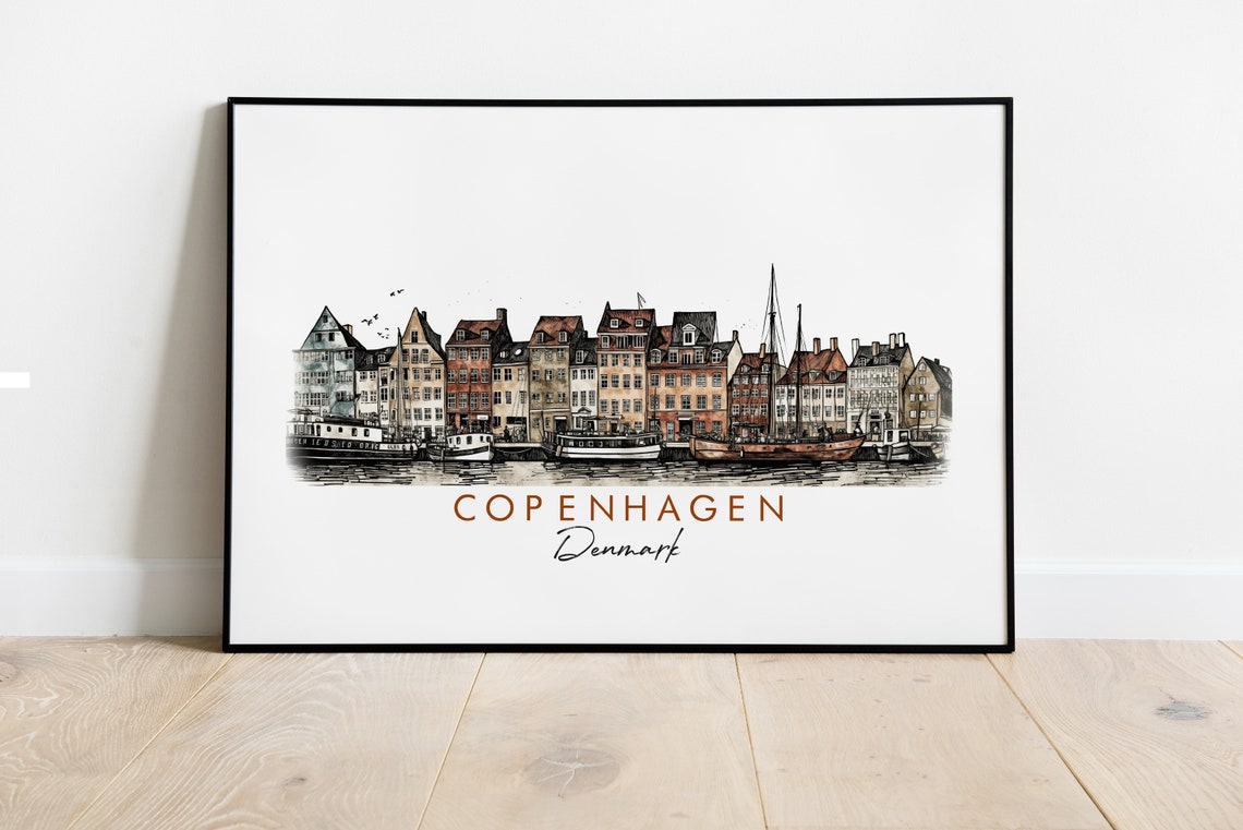 Copenhagen Denmark Nyhavn Harbor Ink Watercolor Travel Poster