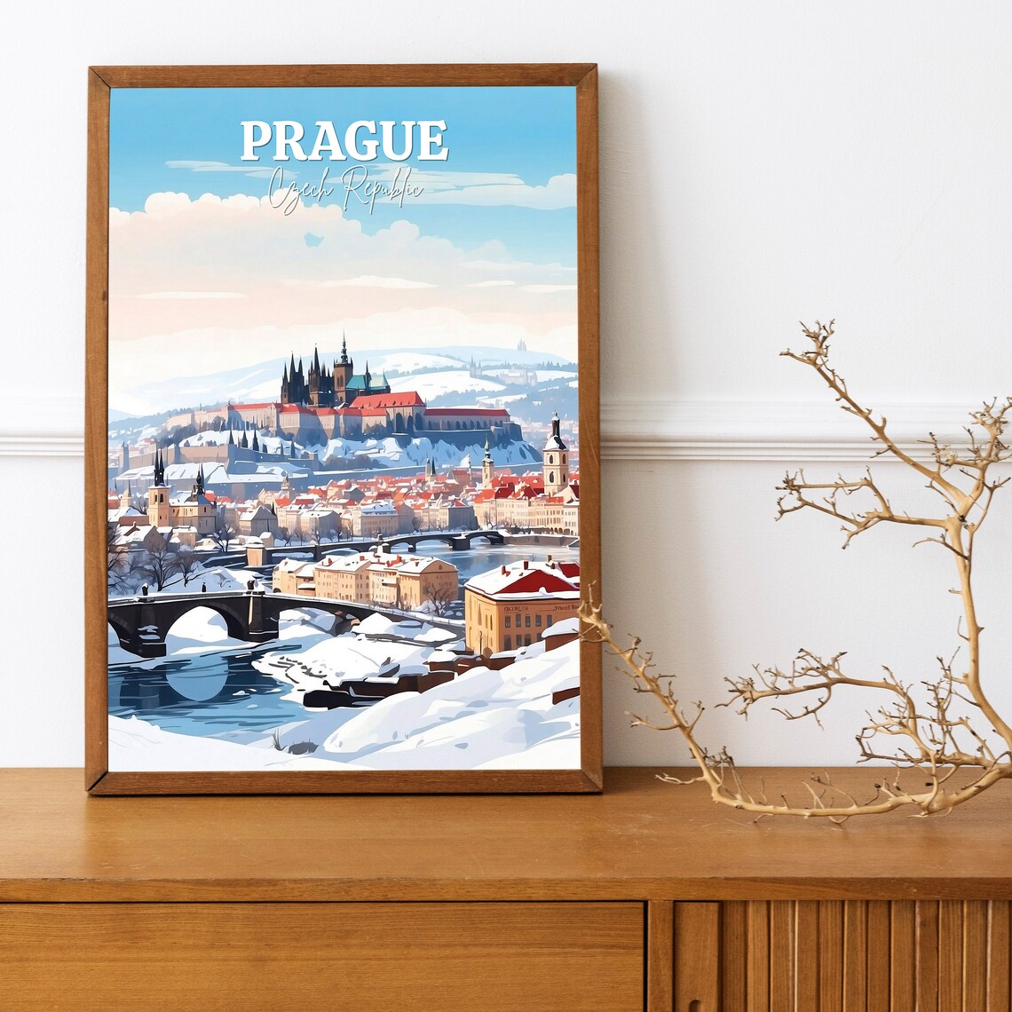 Prague Czech Republic Snowy Castle Winter City Travel Scene Art Poster - Image 3
