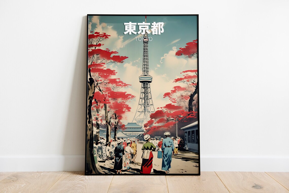 Tokyo Japan Vintage Retro Tower Red Blossoms City Street Poster