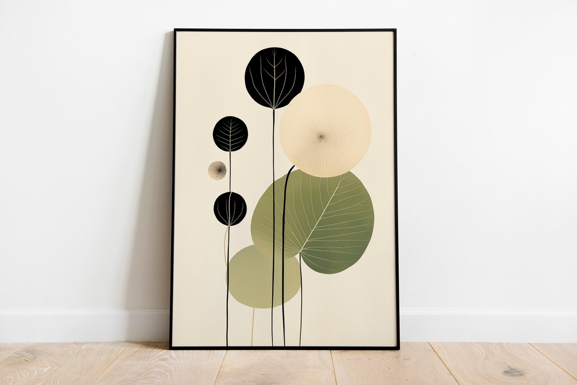 Minimalist Black Sage Green Leaves Japandi Botanical Art Print - Image 2