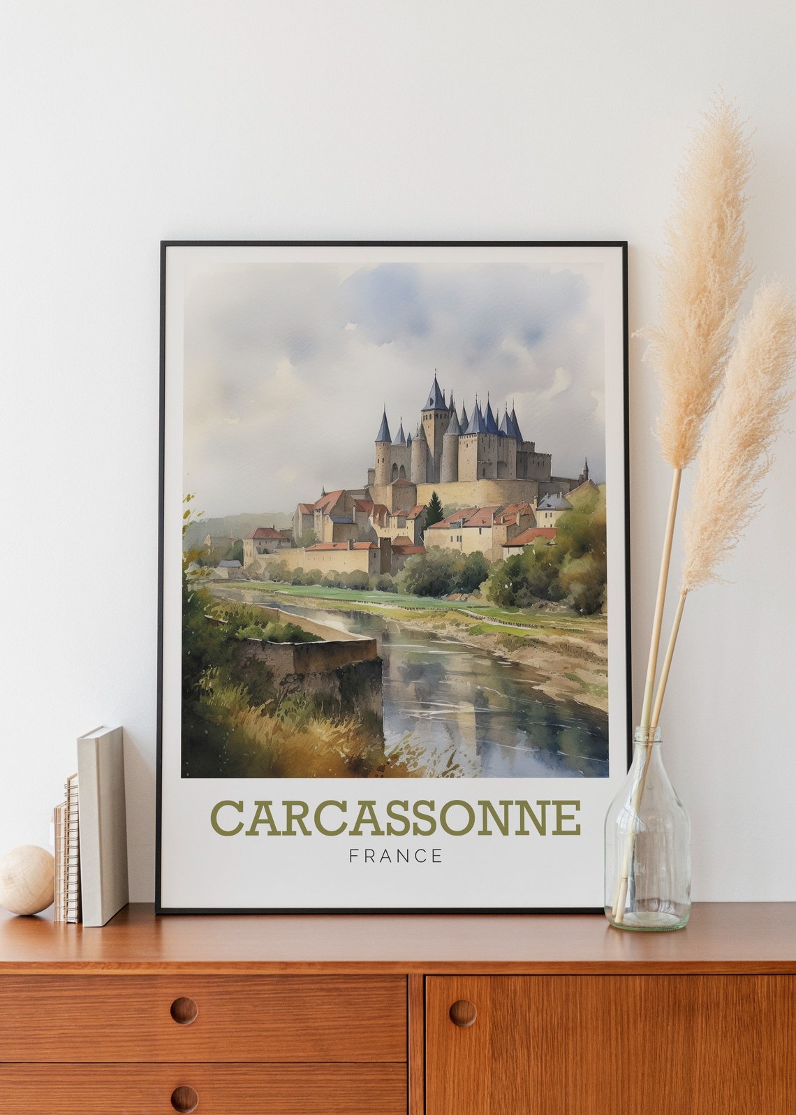 Carcassonne France Medieval Castle Watercolor Art Travel Poster - Image 2