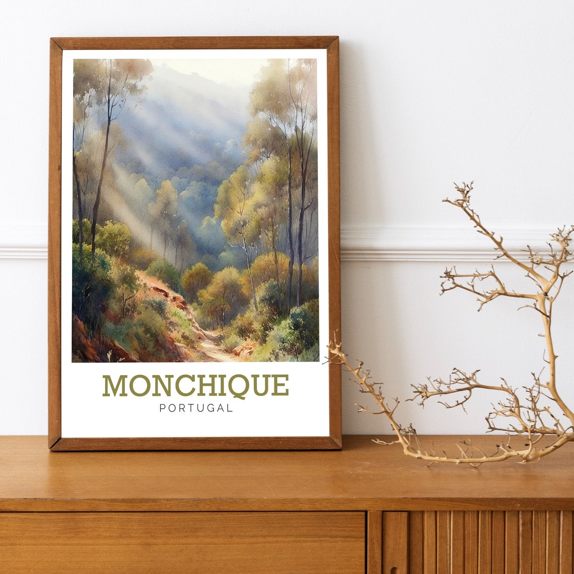 Monchique Portugal Sunlit Forest Hills Watercolor Art Poster