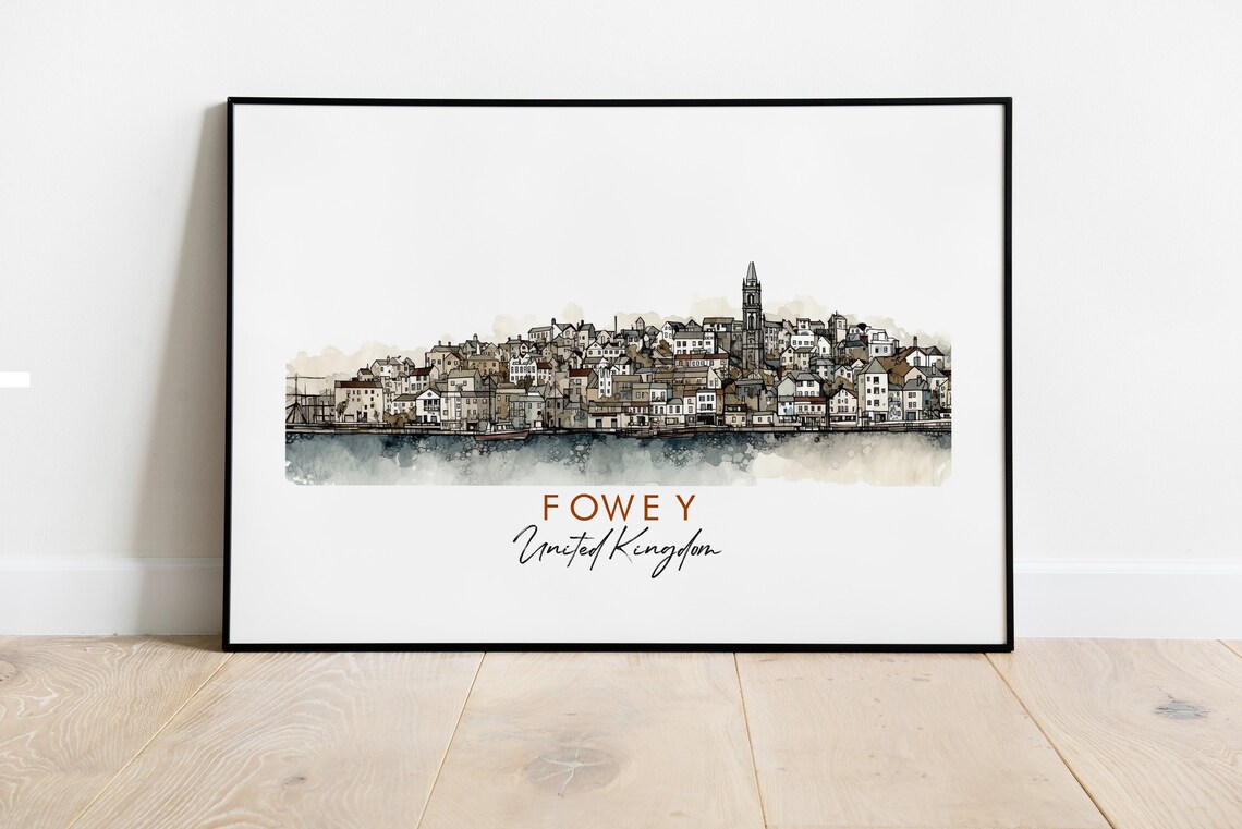 Fowey United Kingdom Harbor Town Watercolor Ink Sketch Art Poster
