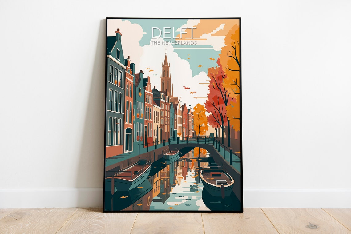 Delft Netherlands Autumn Canal Boats Autumn Fall Modern Travel Poster