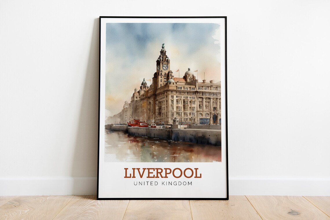 Liverpool UK Waterfront Clock Tower Watercolor Art Travel Poster - Image 3