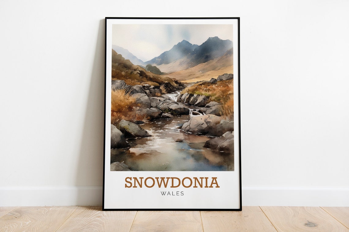 Snowdonia Wales Rocky Mountain Stream Watercolor Travel Poster