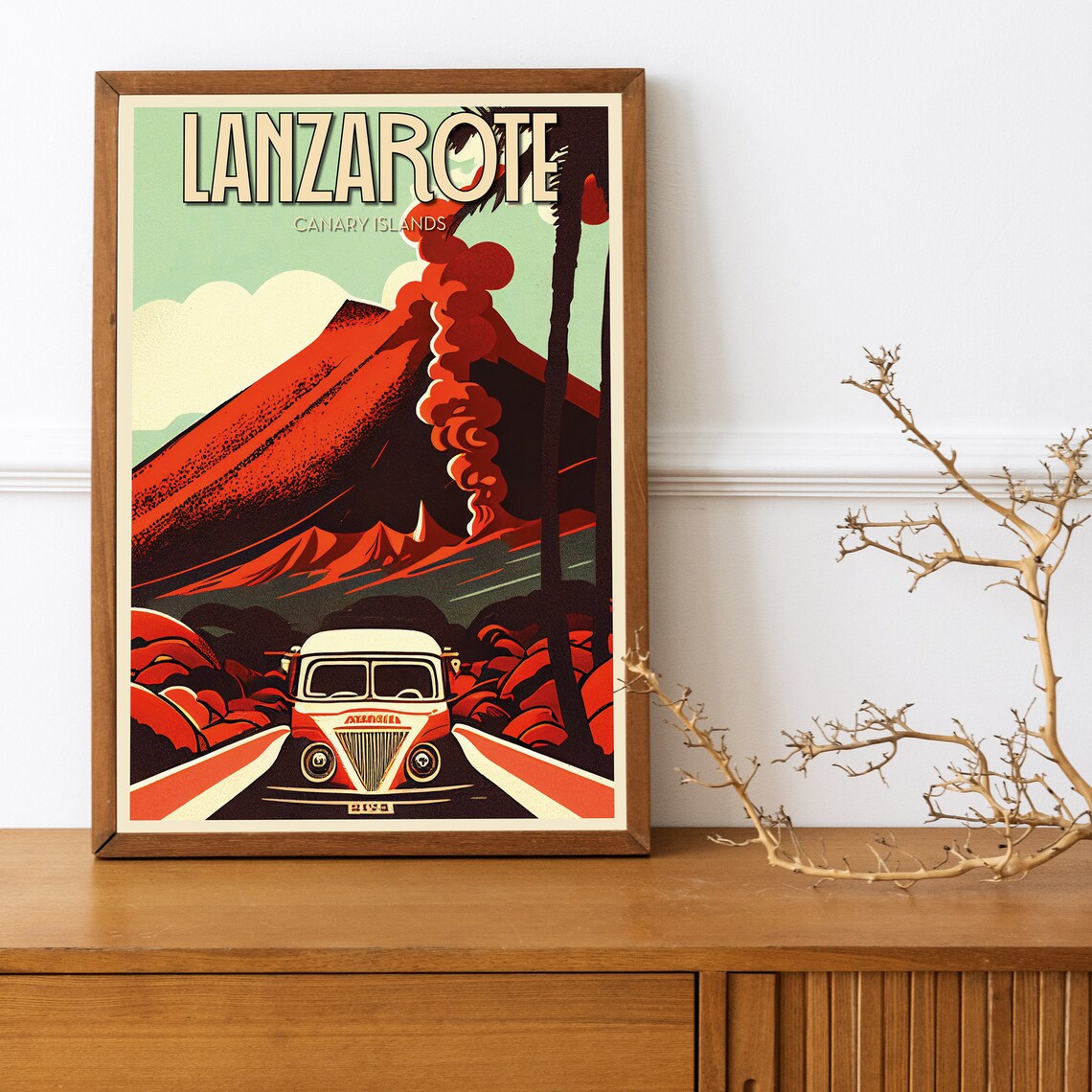 Lanzarote Canary Islands Red Volcano Road Trip Vintage Travel Poster