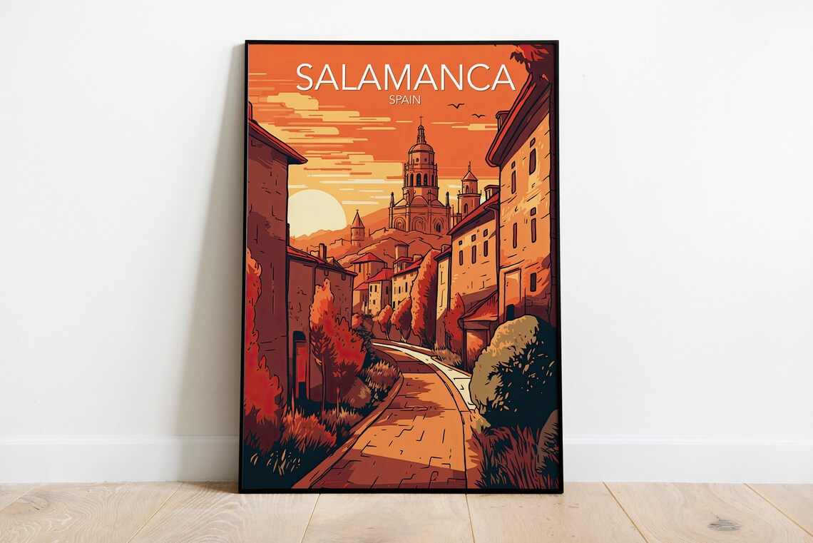 Salamanca Cathedral Old Street Spain Golden Sunset Travel Poster