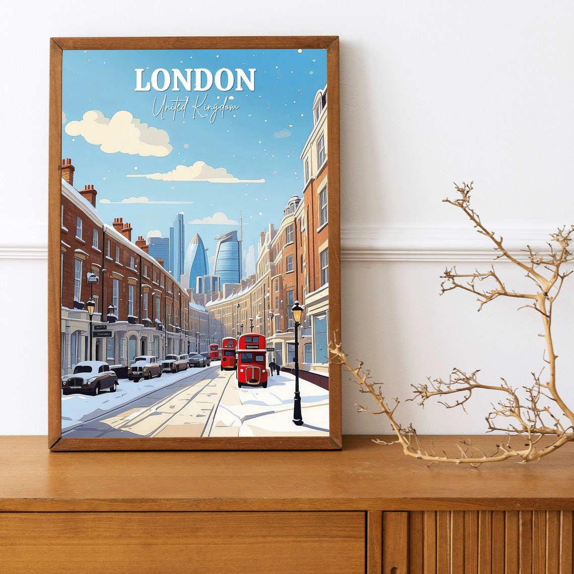 London Winter Street Snowy City Scene Red Double Decker Bus Poster - Image 3