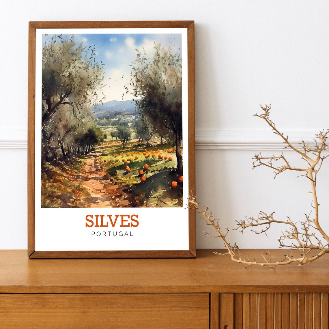 Silves Portugal Orange Grove Countryside Watercolor Travel Poster - Image 3