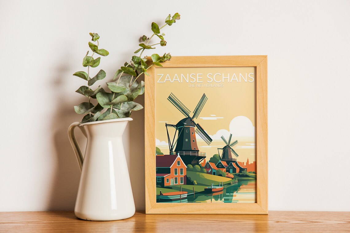 Zaanse Schans Windmills Netherlands Village Vintage Travel Art Poster - Image 2