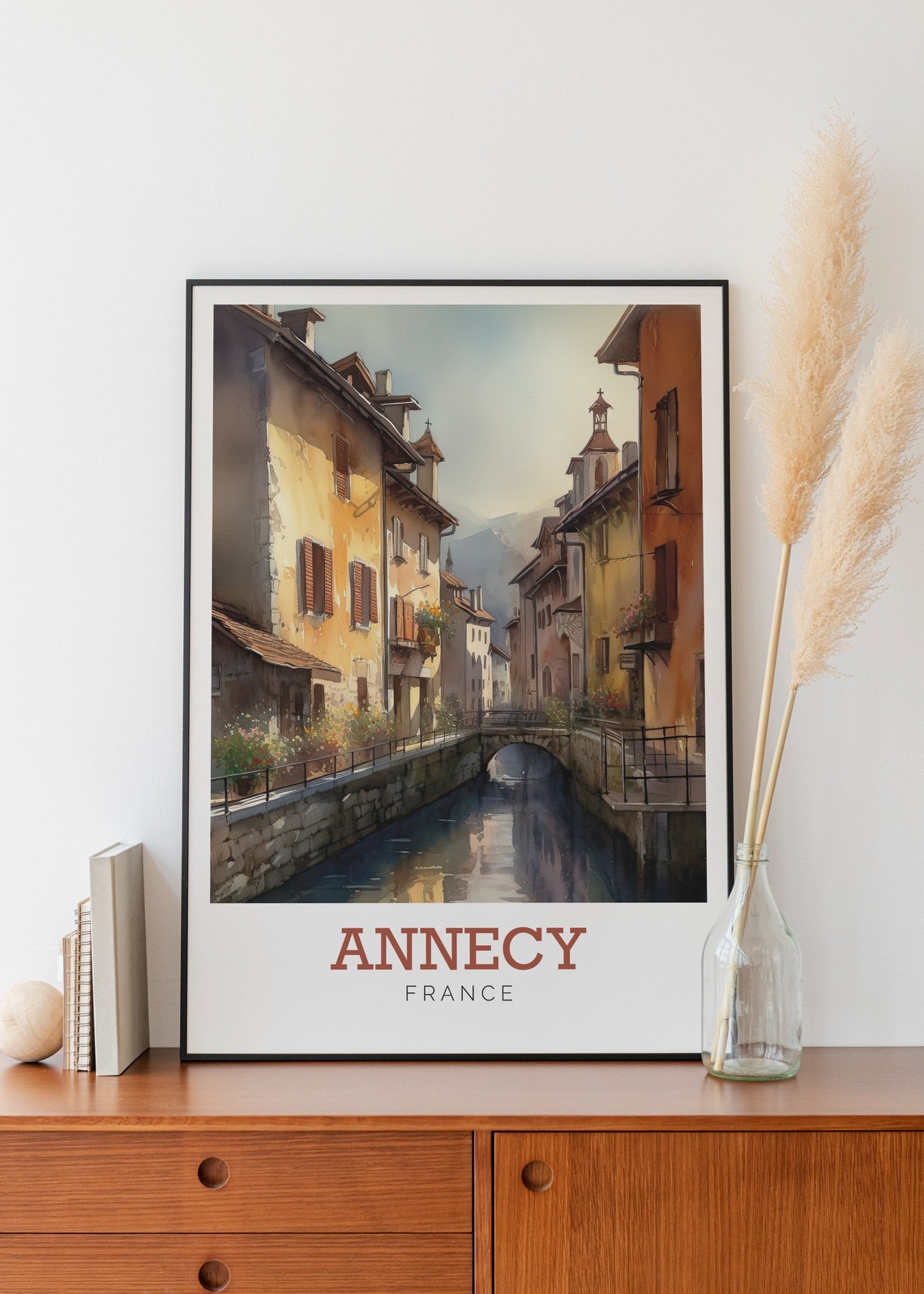 Annecy France Flower Lined Canal Watercolor Art Travel Poster - Image 2
