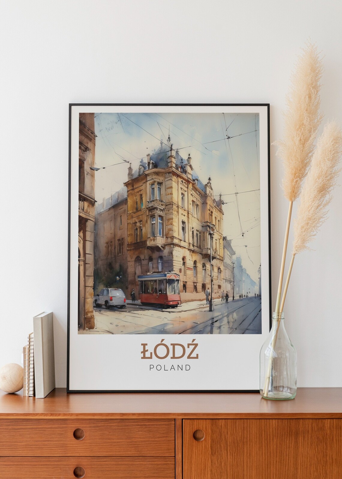 Lodz Poland Historic Tram Street Watercolor Art Travel Poster - Image 2
