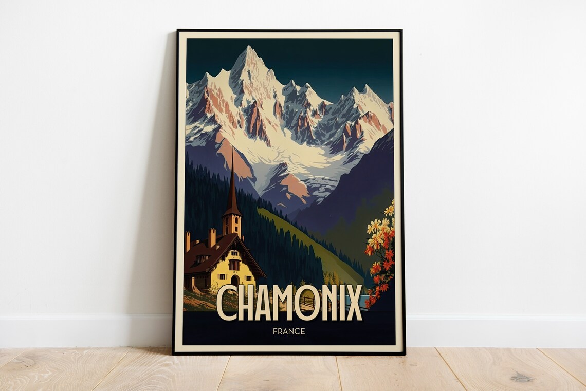 Chamonix Vintage Travel Poster, Mountain Art Print