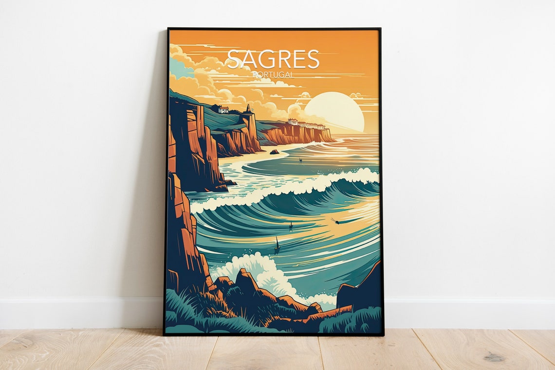 Sagres Portugal Sunset Cliffs Surf Waves Vintage Travel Art Poster