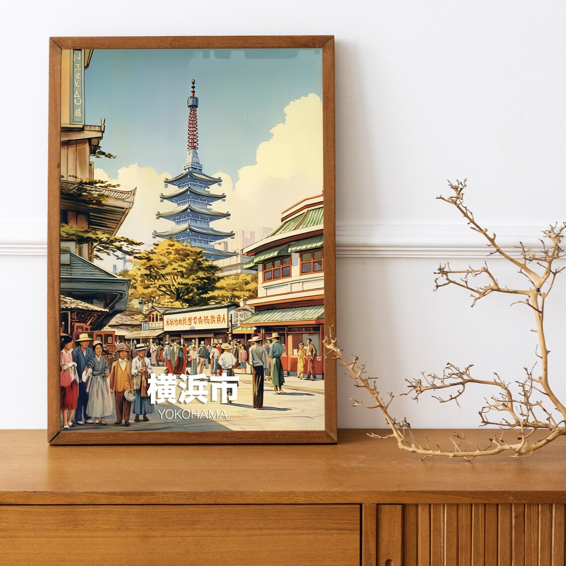 Yokohama Japan Vintage Retro Pagoda Street Scene Travel Poster