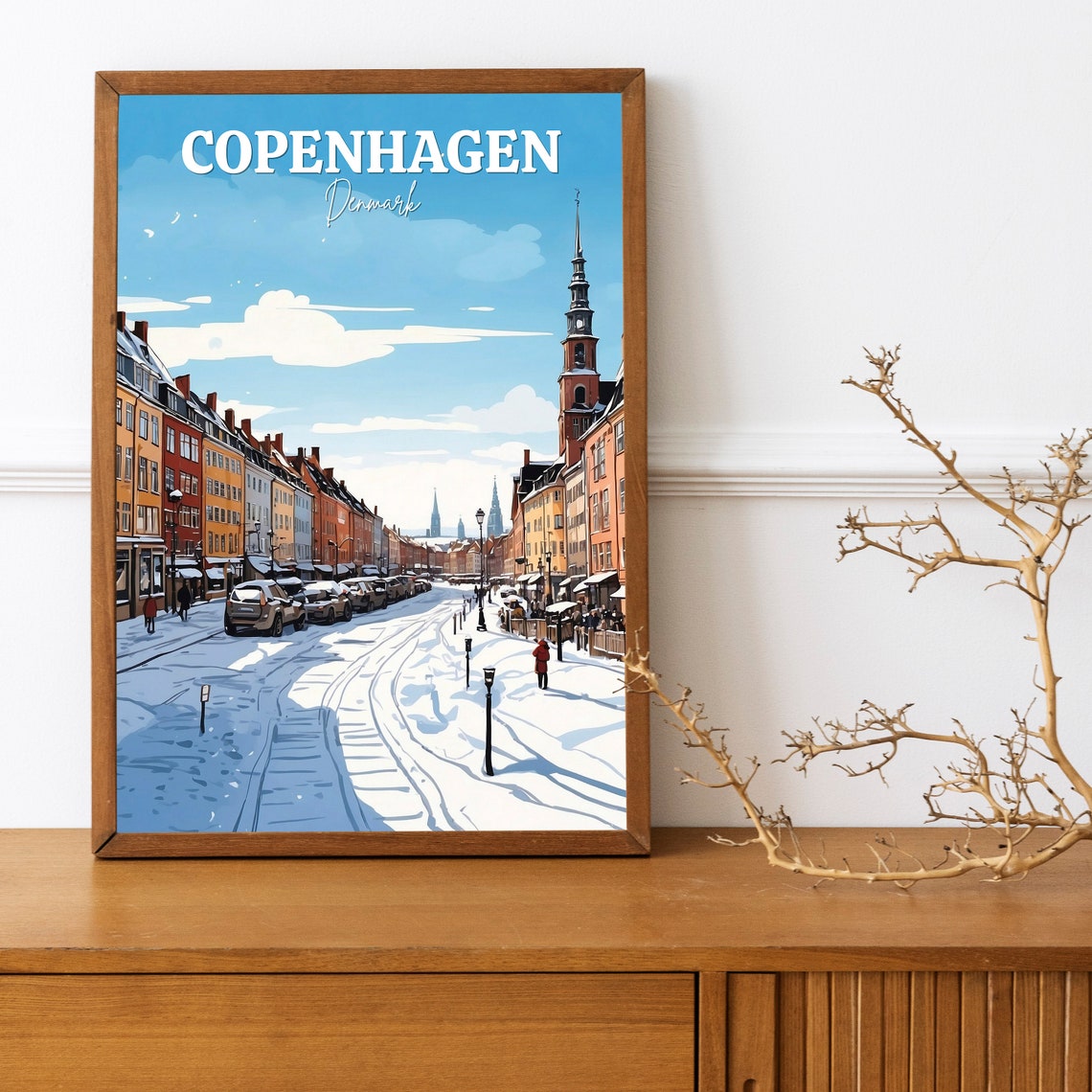 Copenhagen Denmark Snowy Winter Street Colorful Houses Poster - Image 3
