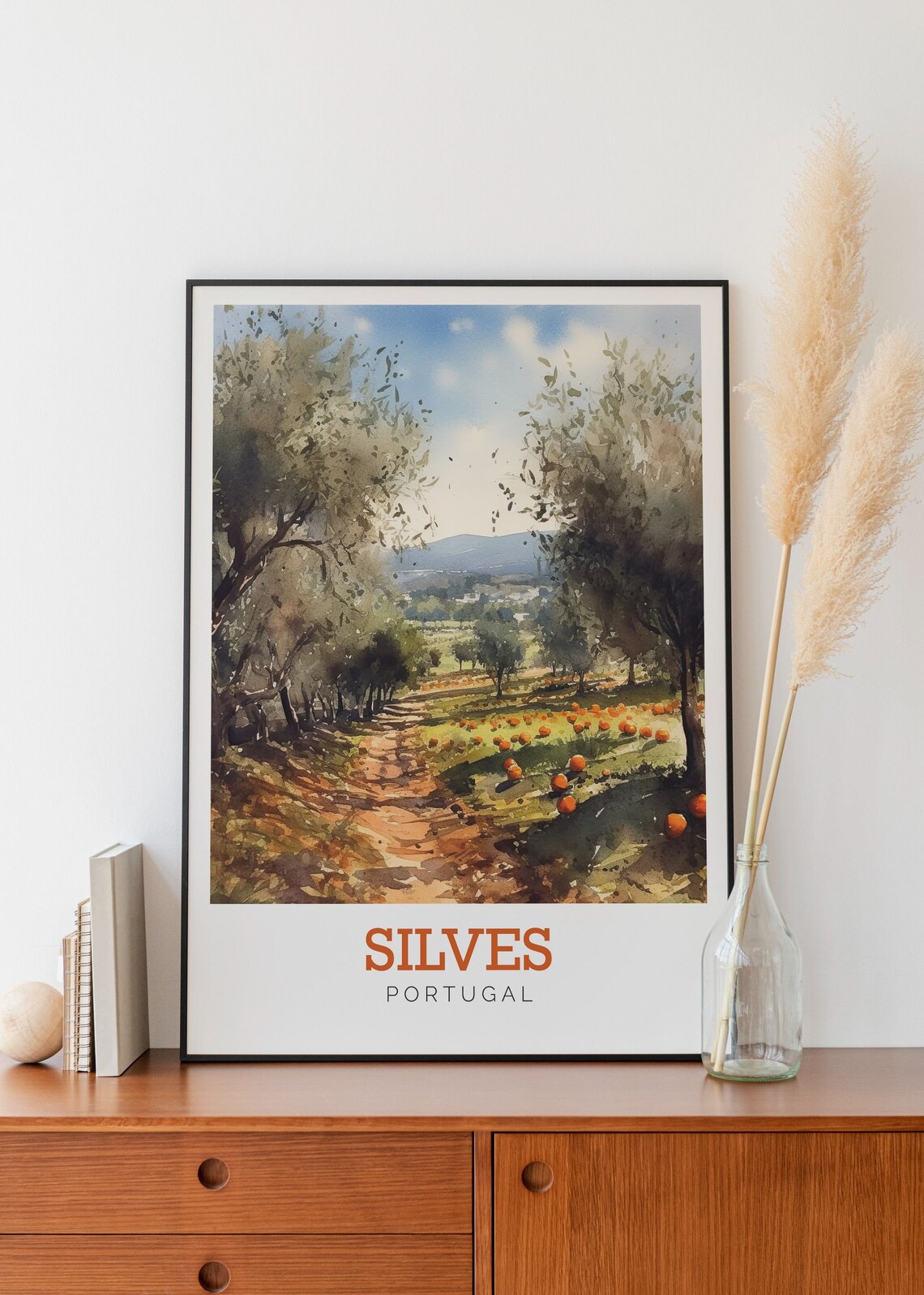 Silves Portugal Orange Grove Countryside Watercolor Travel Poster - Image 2
