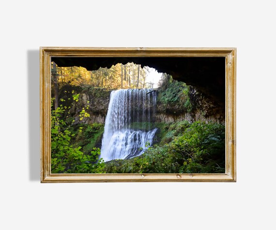 Majestic Forest Waterfall Behind Rock Arch Nature Art Poster