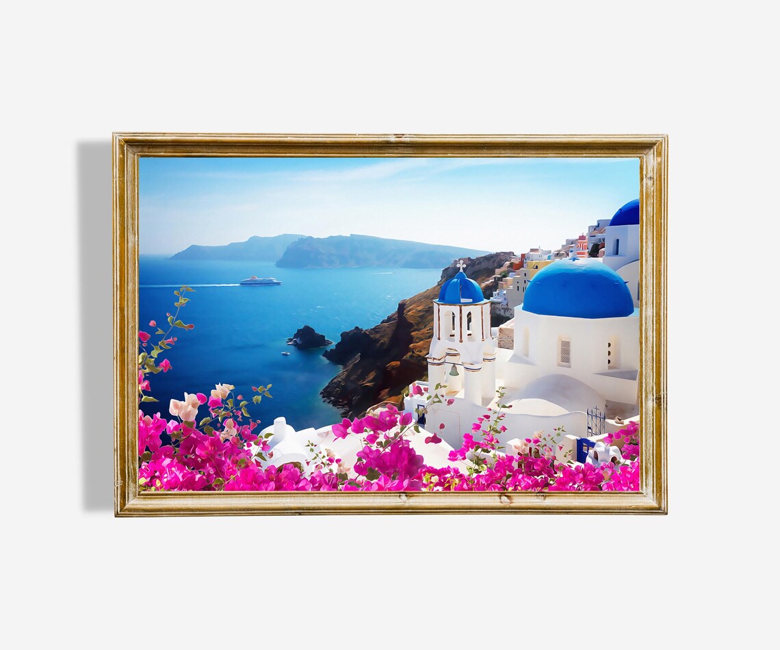Greek Caldera Domes Oil Painting, Travel Poster