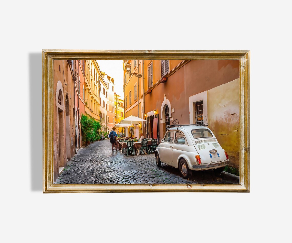 Rome Trastevere Cobblestone Street Cafe Vintage Fiat 500 Oil Painting Poster
