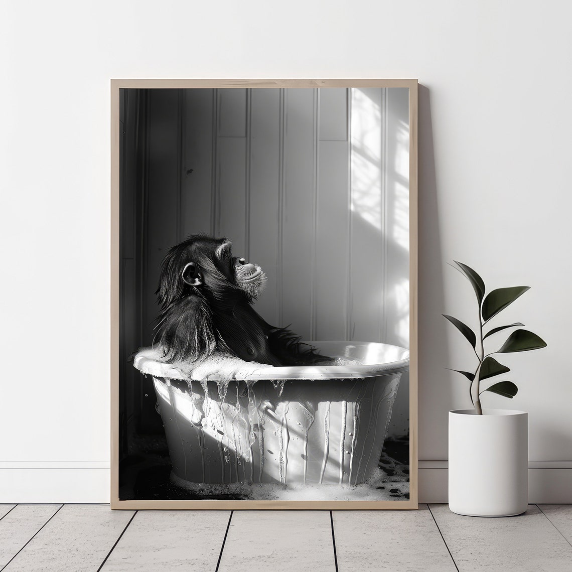 Relaxed Orangutan Soaking In Bathtub Sunlit Black White Art Poster