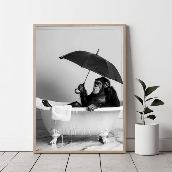 Cute Chimpanzee In Tub Wall Art Chimpanzee Photo Chimpanzee Art Bathroom Art Print Black And White