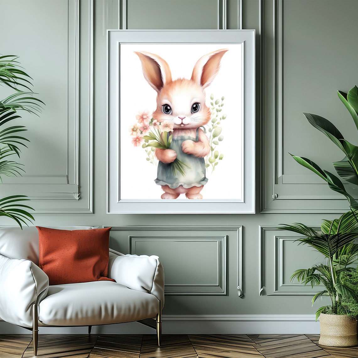 Bunny Holding Flowers Watercolor Painting Nursery Rabbit Baby Wall Art - Image 5