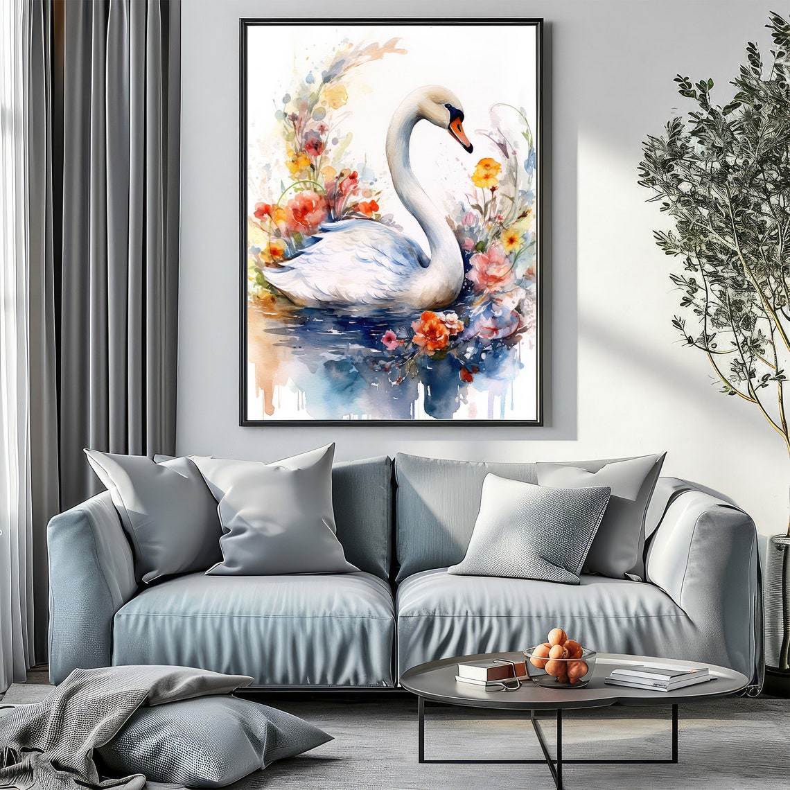 White Swan Watercolor Painting Flowers Elegant Bird Floral Wall Art - Image 3
