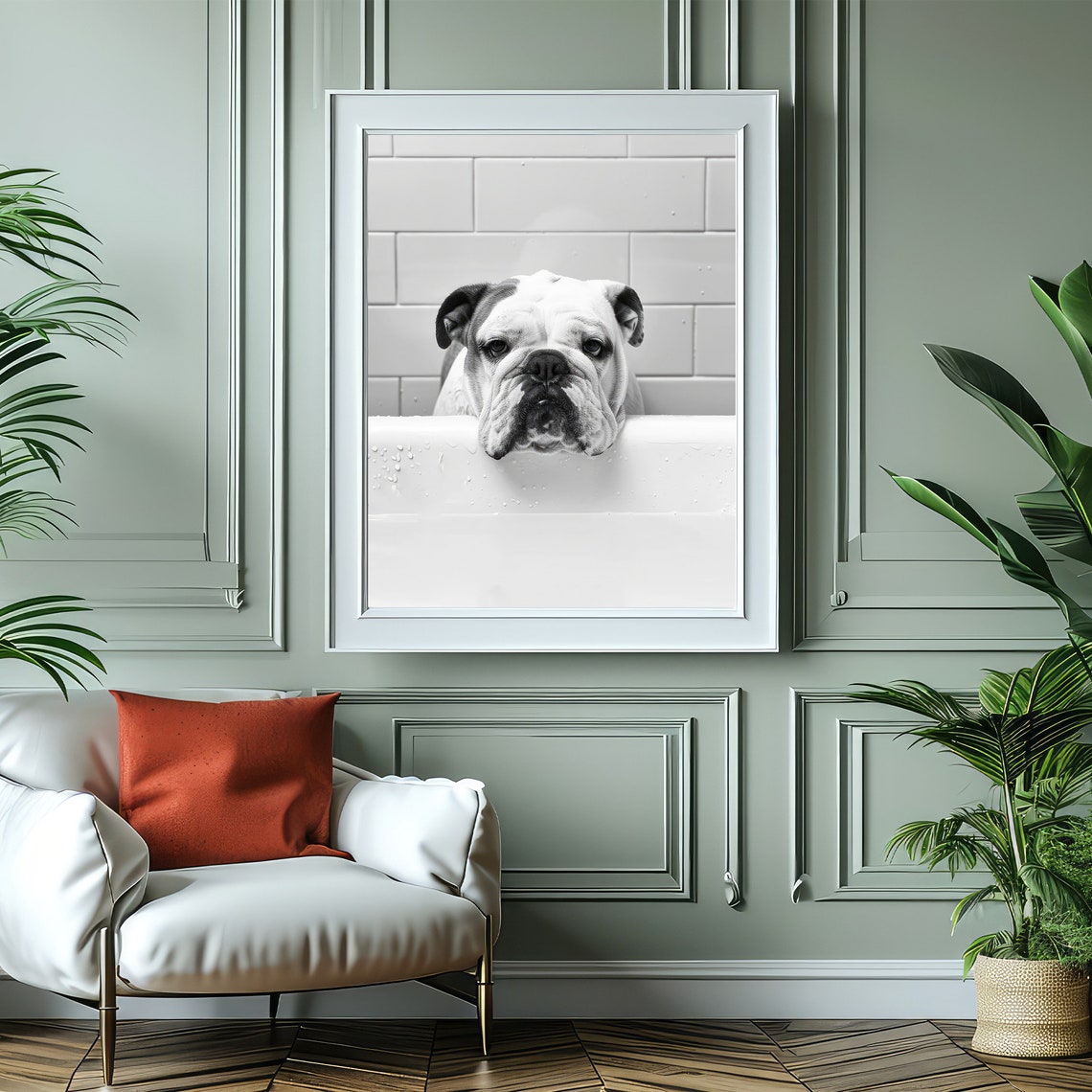 English Bulldog Resting Chin On Bathtub Black White Dog Poster - Image 4