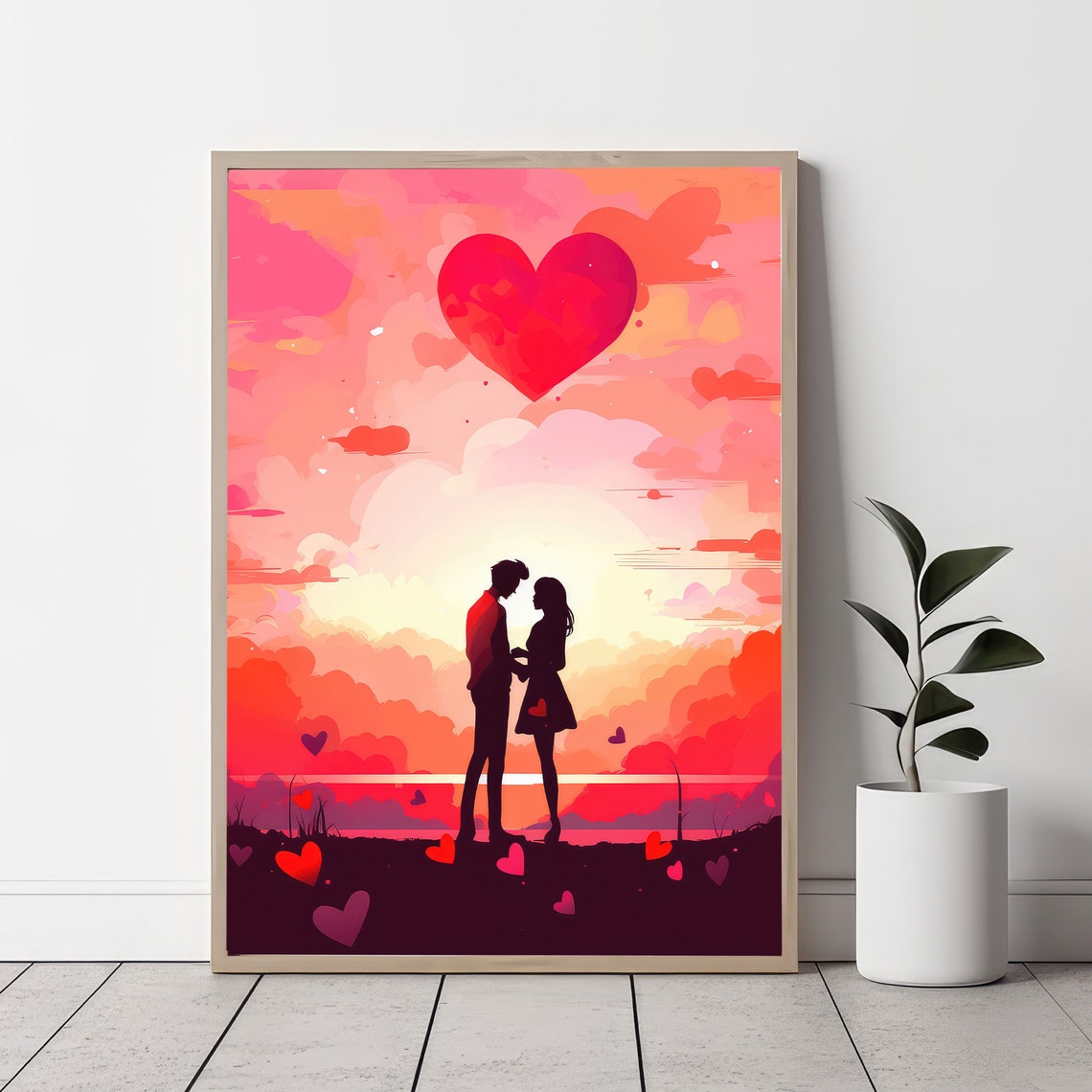 Romantic Couple Silhouette Pink Sunset With Floating Hearts Poster