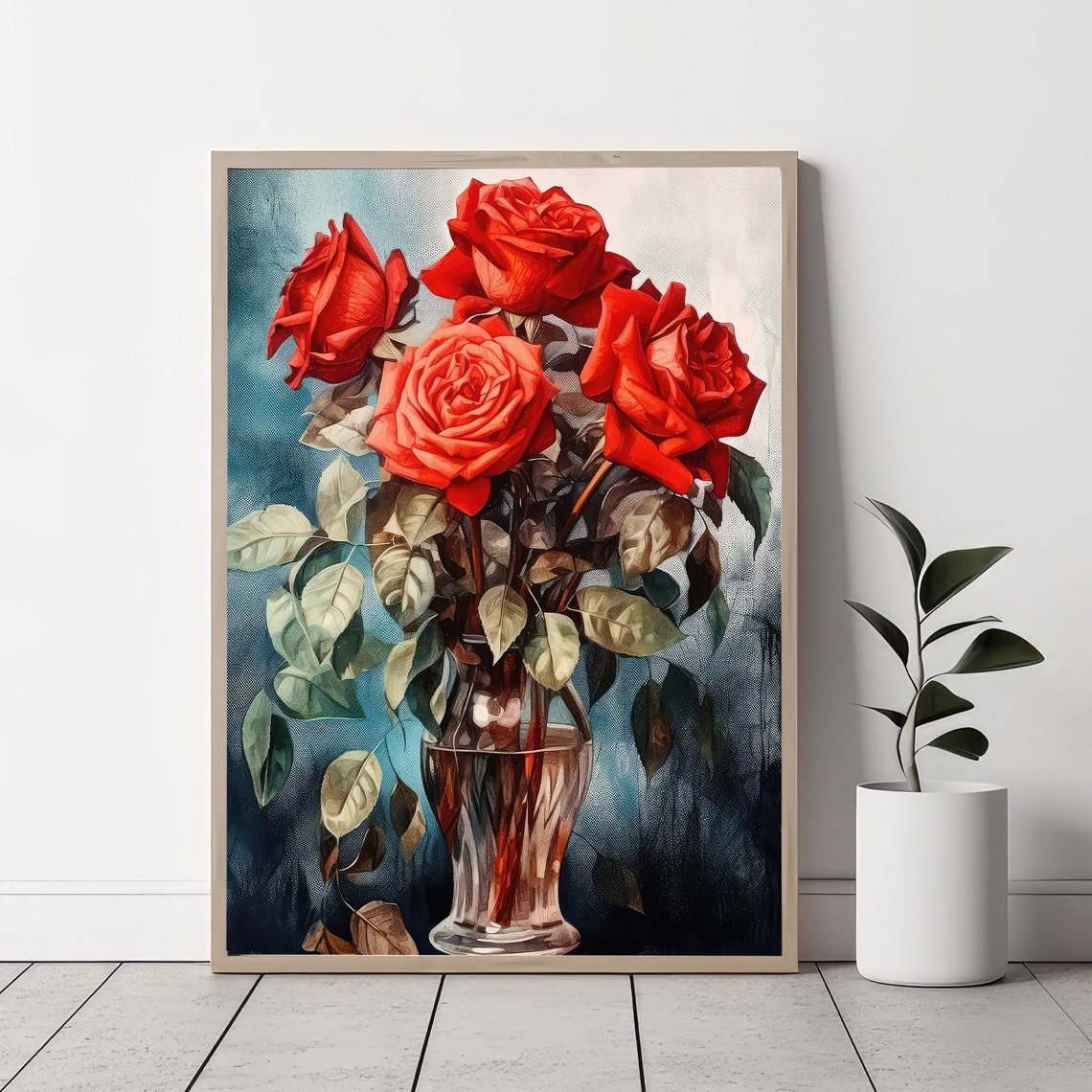 Red Roses Glass Vase Painting Moody Floral Still Life Wall Art - Image 4