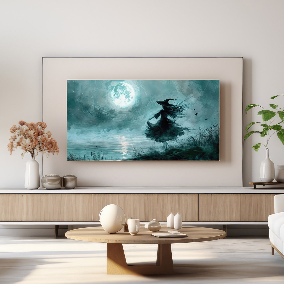 Spooky Witch Silhouette Under Full Moon Lake Halloween Poster - Image 3