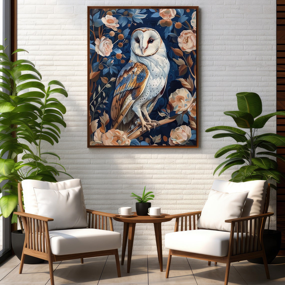 Barn Owl Among Flowers Deep Navy Botanical Illustration Poster - Image 2