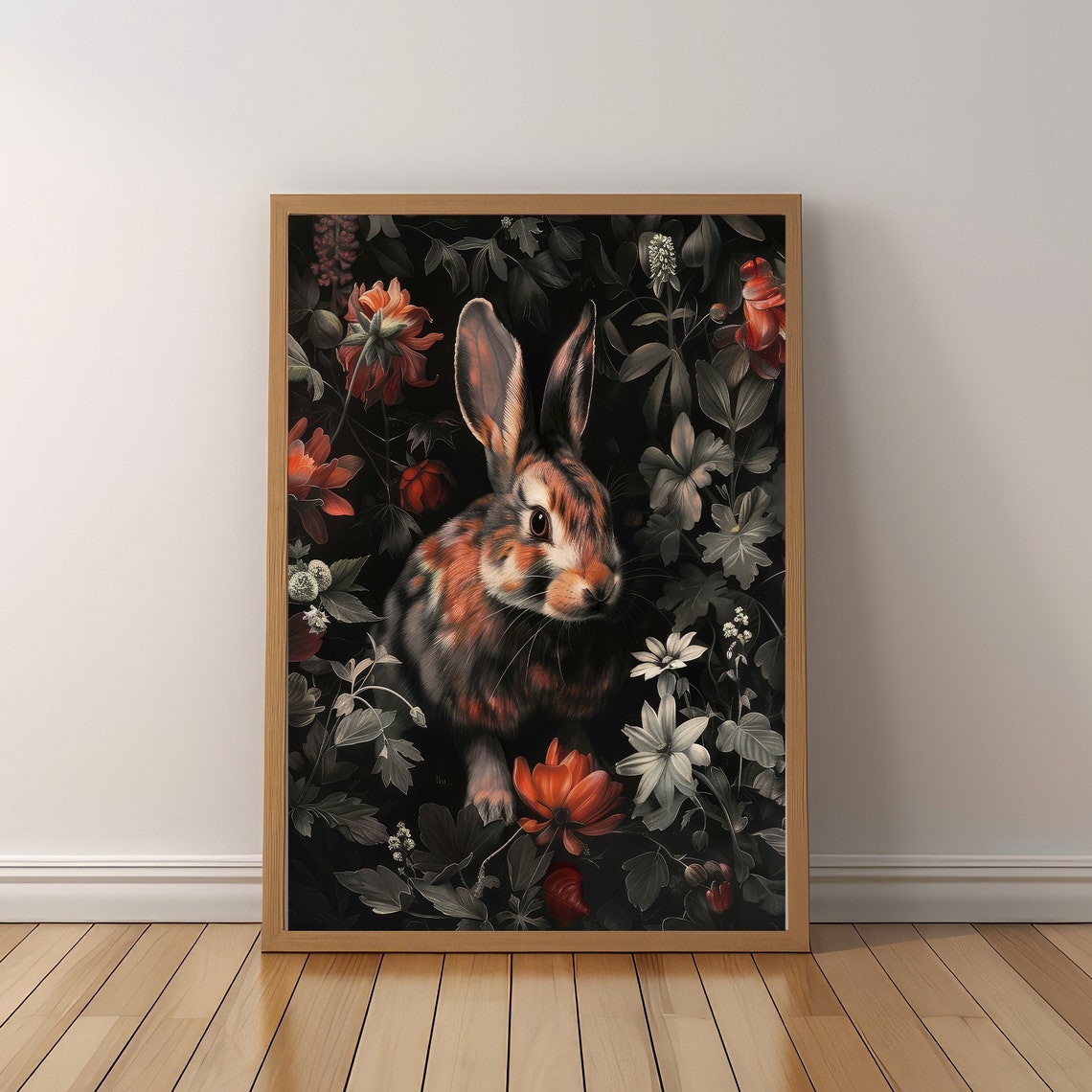 Woodland Rabbit Among Red Blooms Dark Floral Botanical Art Poster - Image 5