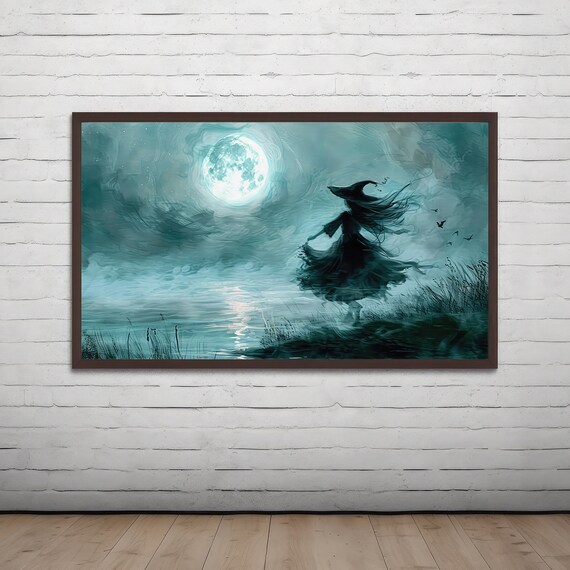 Spooky Witch Silhouette Under Full Moon Lake Halloween Poster
