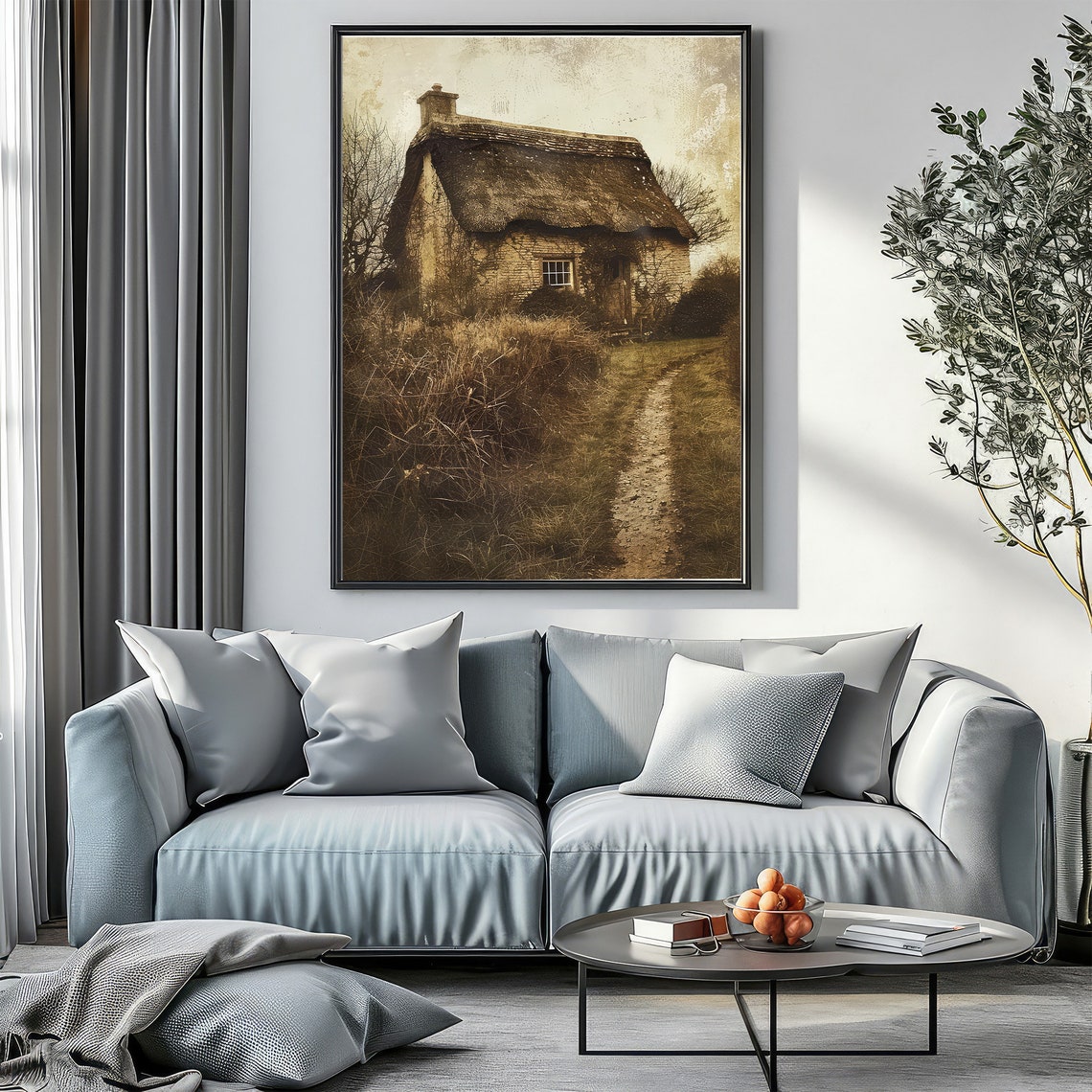 Vintage Sepia Thatched Cottage Countryside Path Photo Art Poster - Image 2