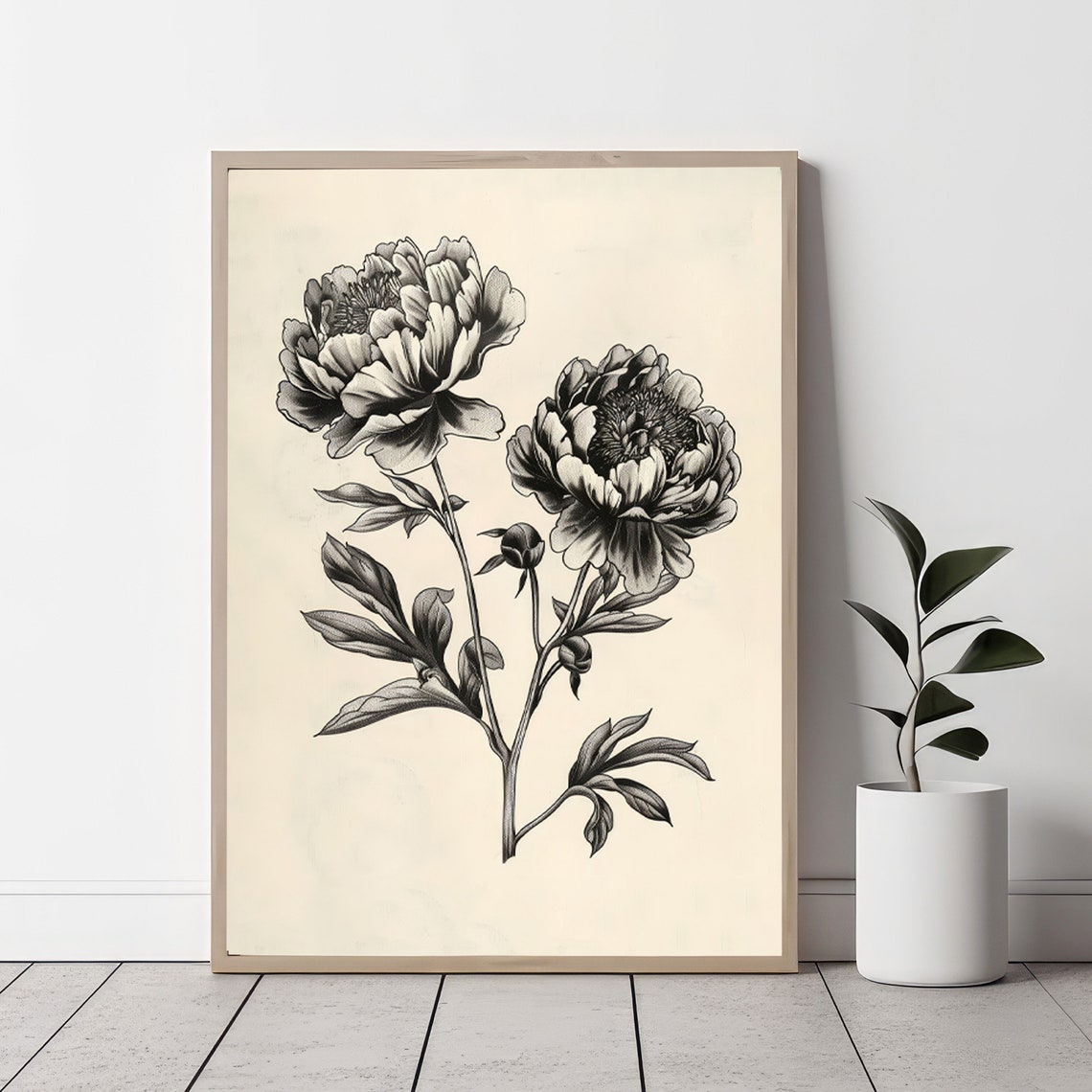 Elegant Vintage Black And White Peony Botanical Artwork Poster