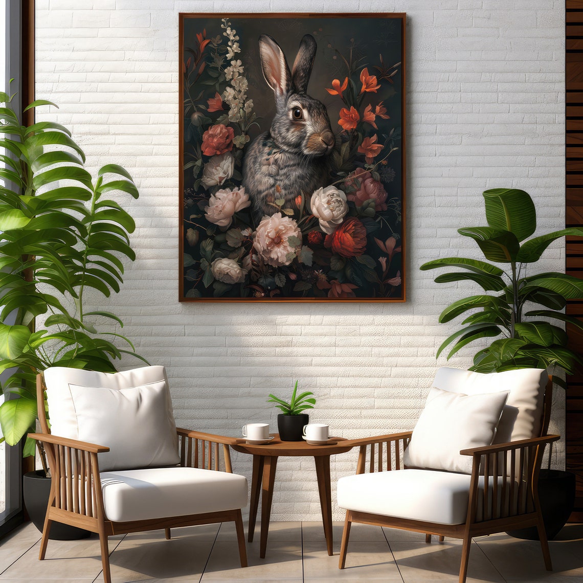 Elegant Rabbit Portrait Among Flowers Dark Botanical Art Poster - Image 2