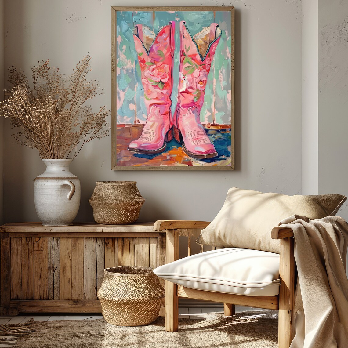 Pink Floral Cowboy Boots Western Painting Coastal Art Poster - Image 3