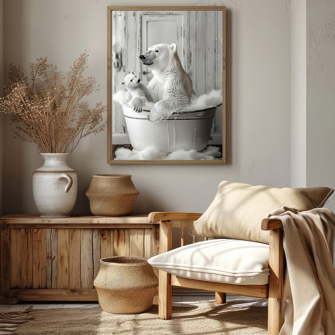 Polar Bears in Tub Bathroom Art Print, Black and White - Image 2