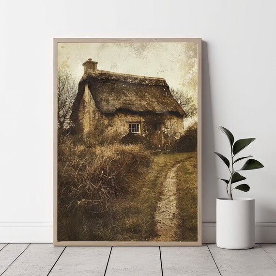 Vintage Sepia Thatched Cottage Countryside Path Photo Art Poster