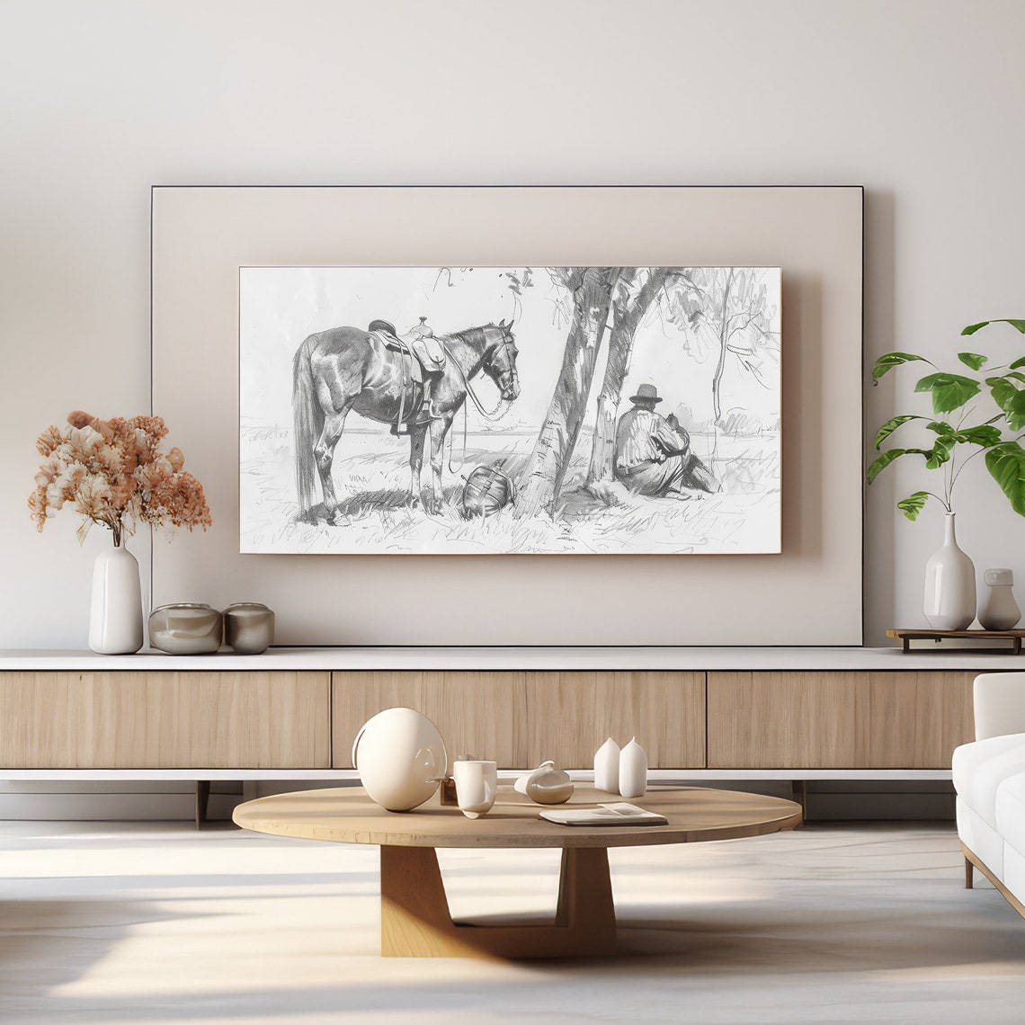Vintage Cowboy Resting Under Trees With Horse Pencil Sketch Poster - Image 4