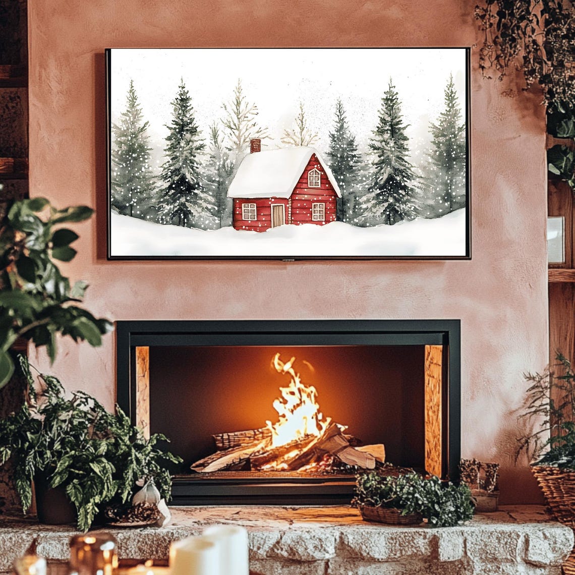Red Cabin Surrounded By Tall Snowy Pines Christmas Eve Poster - Image 3